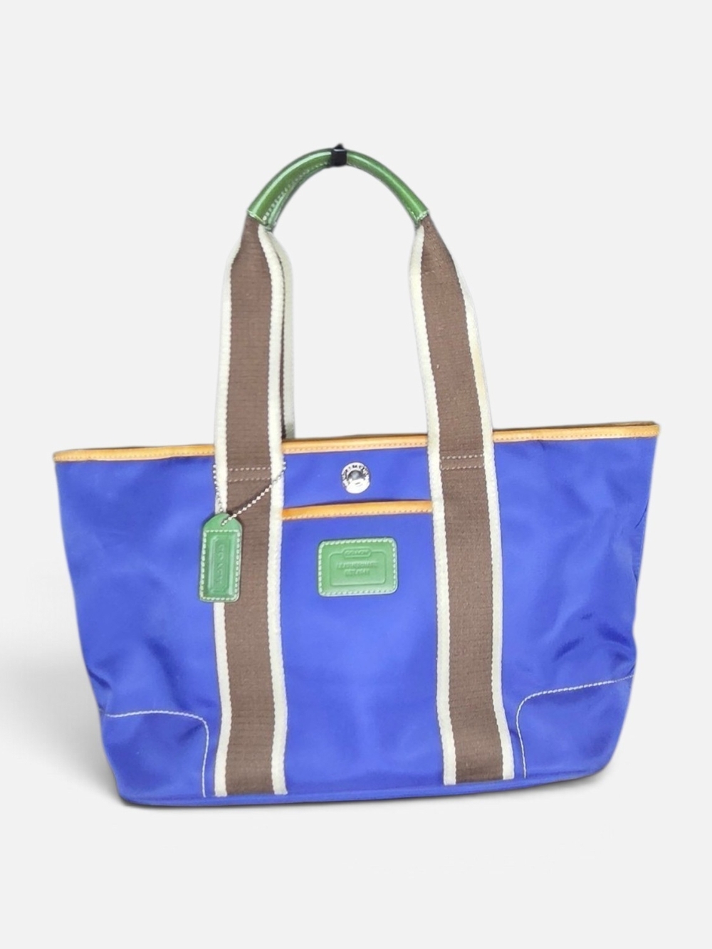 Coach Blue Nylon Tote with Brown Straps and Green Accents
